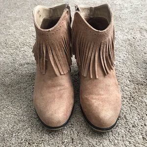 Tan fringe booties